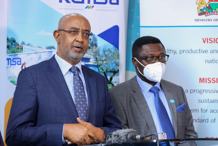 Health CAS Rashid Aman and UNICEF Kenya deputy representative, Jean Lokenga speak during the flagging off of ready-to-eat therapeutic food to seven ASAL counties at Afya House on Tuesday, July 12.