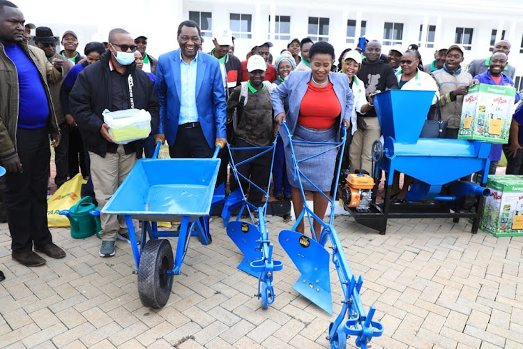 Machakos Governor Wavinya Ndeti pushes an ox plough as she launched farm inputs distribution at her Whitehouse office on July 29, 2023. Image: Star Newspaper