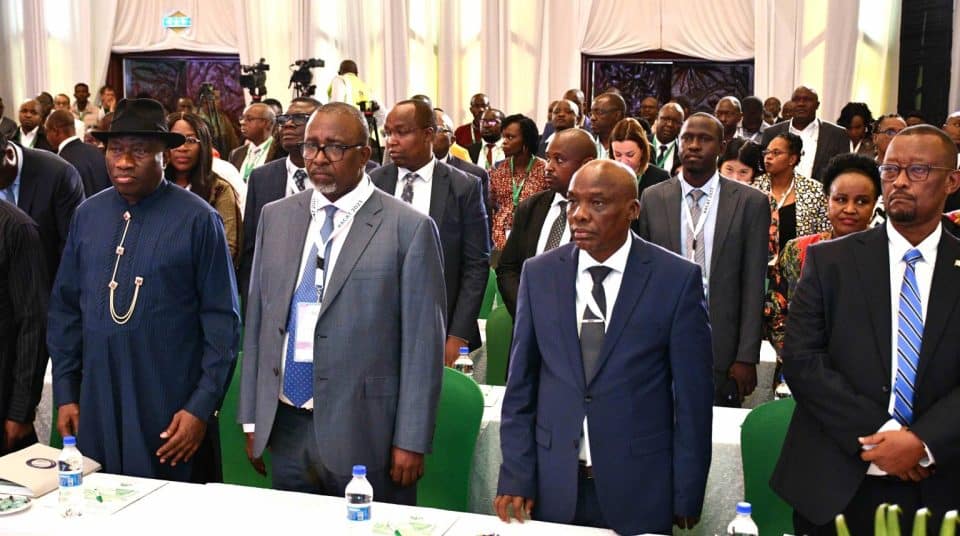 L-R: Former President of the Republic of Nigeria, Dr. Goodluck Jonathan, Kenya Agriculture CS Mithika Linturi, Crops PS Paul Ronoh and Dr. Canisius Kanangire, Executive Director, AATF