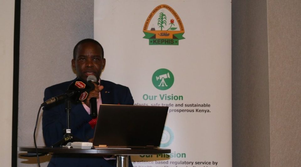 KEPHIS Managing Director Prof. Theophilus Mutui speaking on Tuesday at a Nairobi hotel during the KEPHIS strategic plan (2023-2027) stakeholders’ workshop
